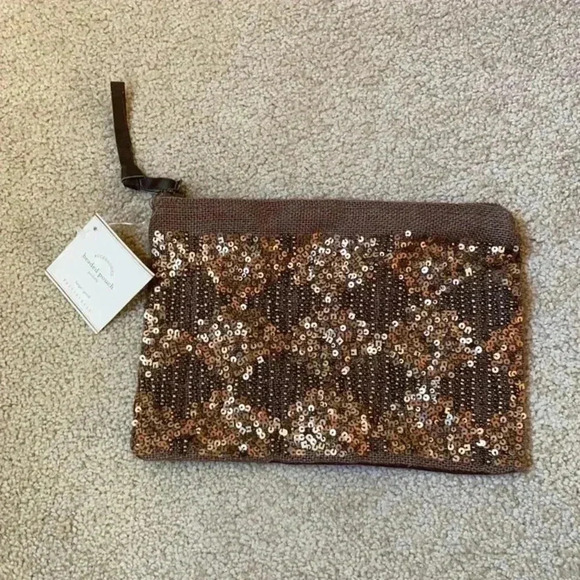 Pottery barn new with tags brown beaded pouch - Picture 1 of 3